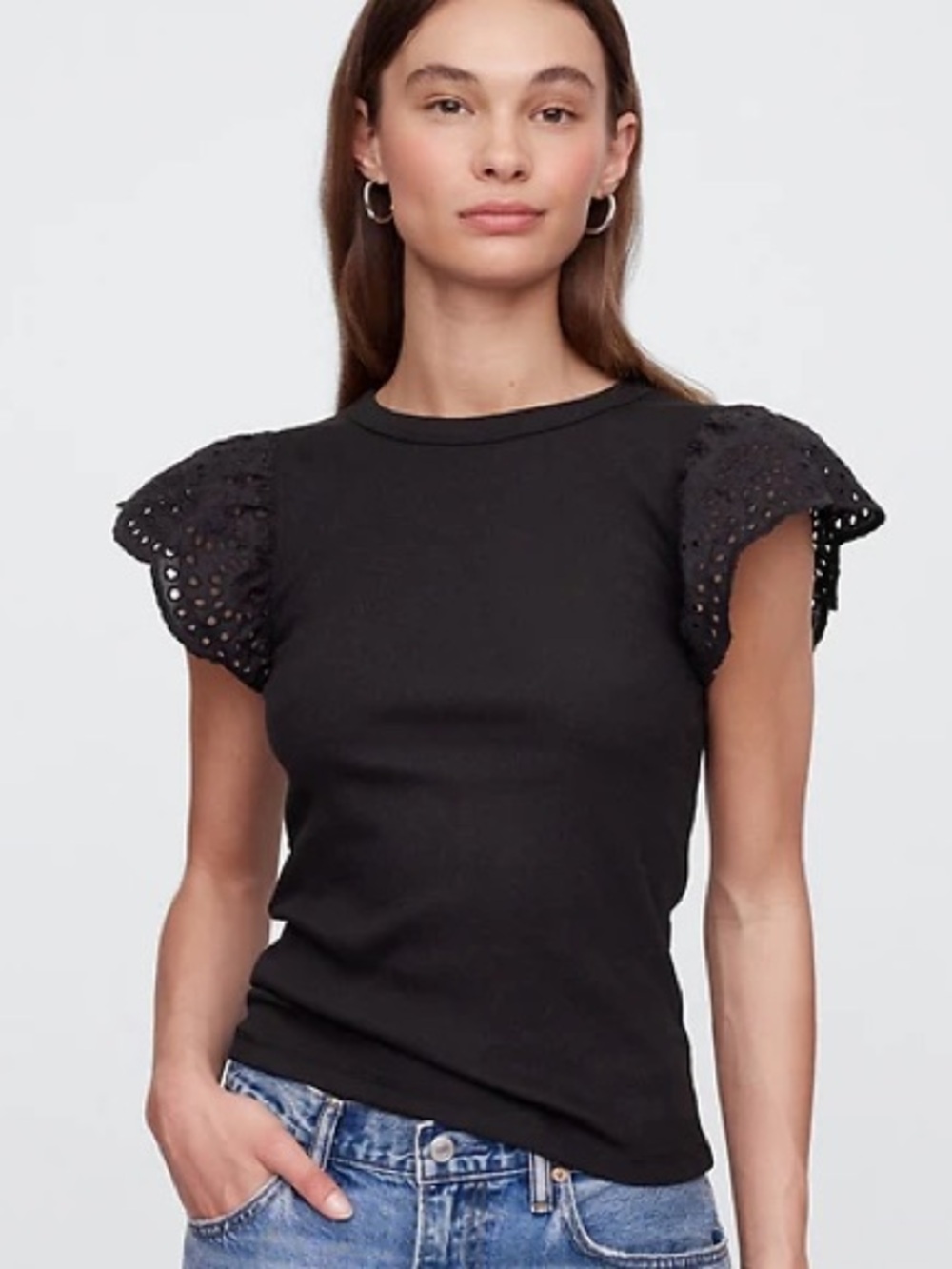 Gap Factory Ribbed Eyelet lace Flutter short Sleeve T-Shirt